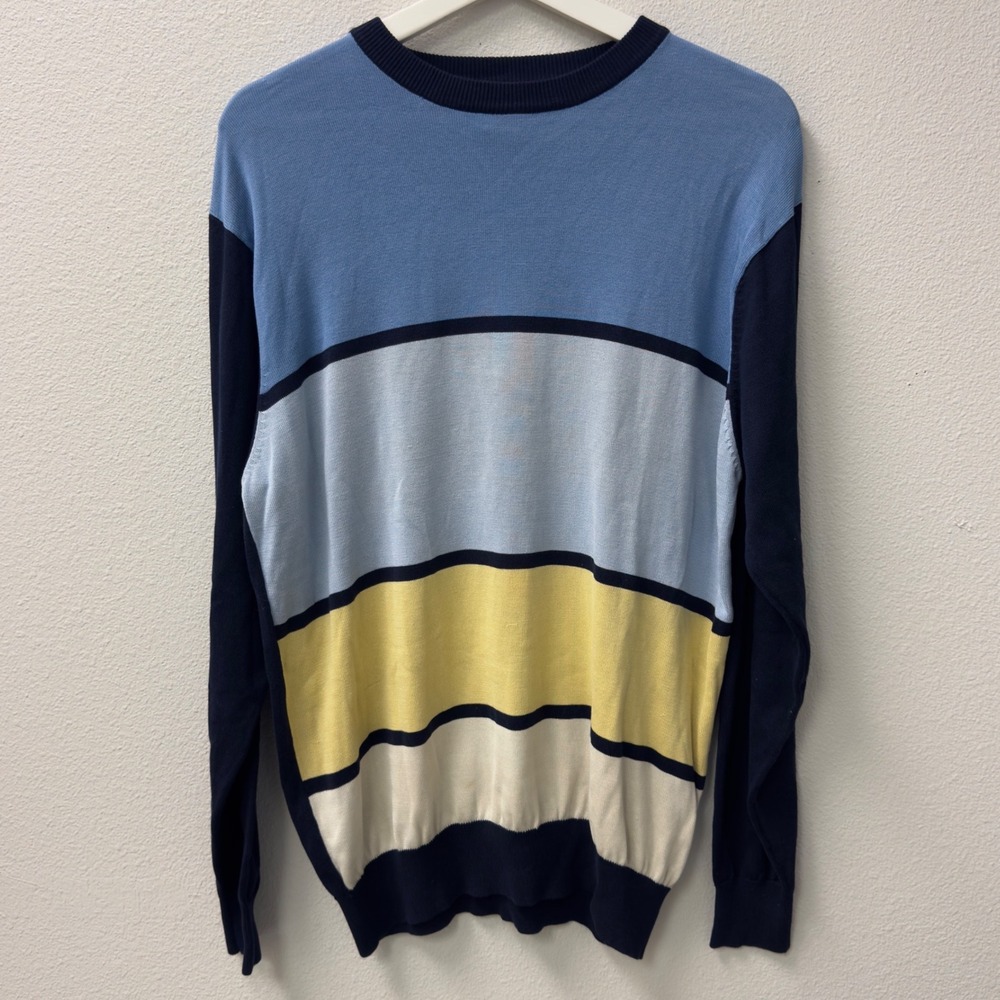 Bobby Chan Striped Sweater Mens M Blue Yellow Silk Cotton Crewneck Prep Nautical